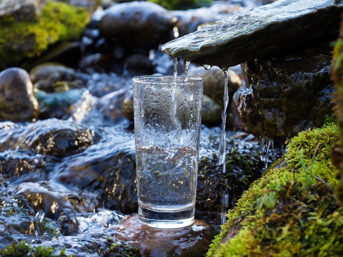 Glass of water pouring from outdoor stream